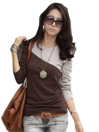 Autumn Spring Cotton Blend Women Round Neck Color Block Long Sleeve Long Sleeve T-Shirts