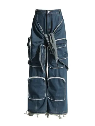 Structural binding workwear jeans for women loose fitting multi pocket jeans