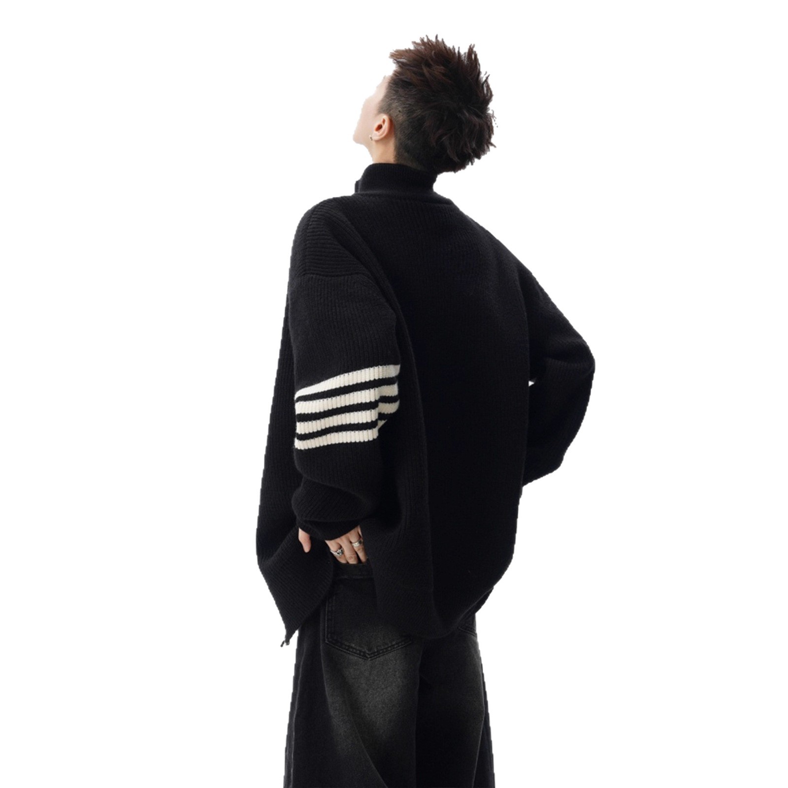 Style Stand Collar Open Front Knit Sweater Men's Winter Fashion Trendy Stripe Knitted Cardigan High Street Casual Loose Fit Couple Outerwear - Image 5