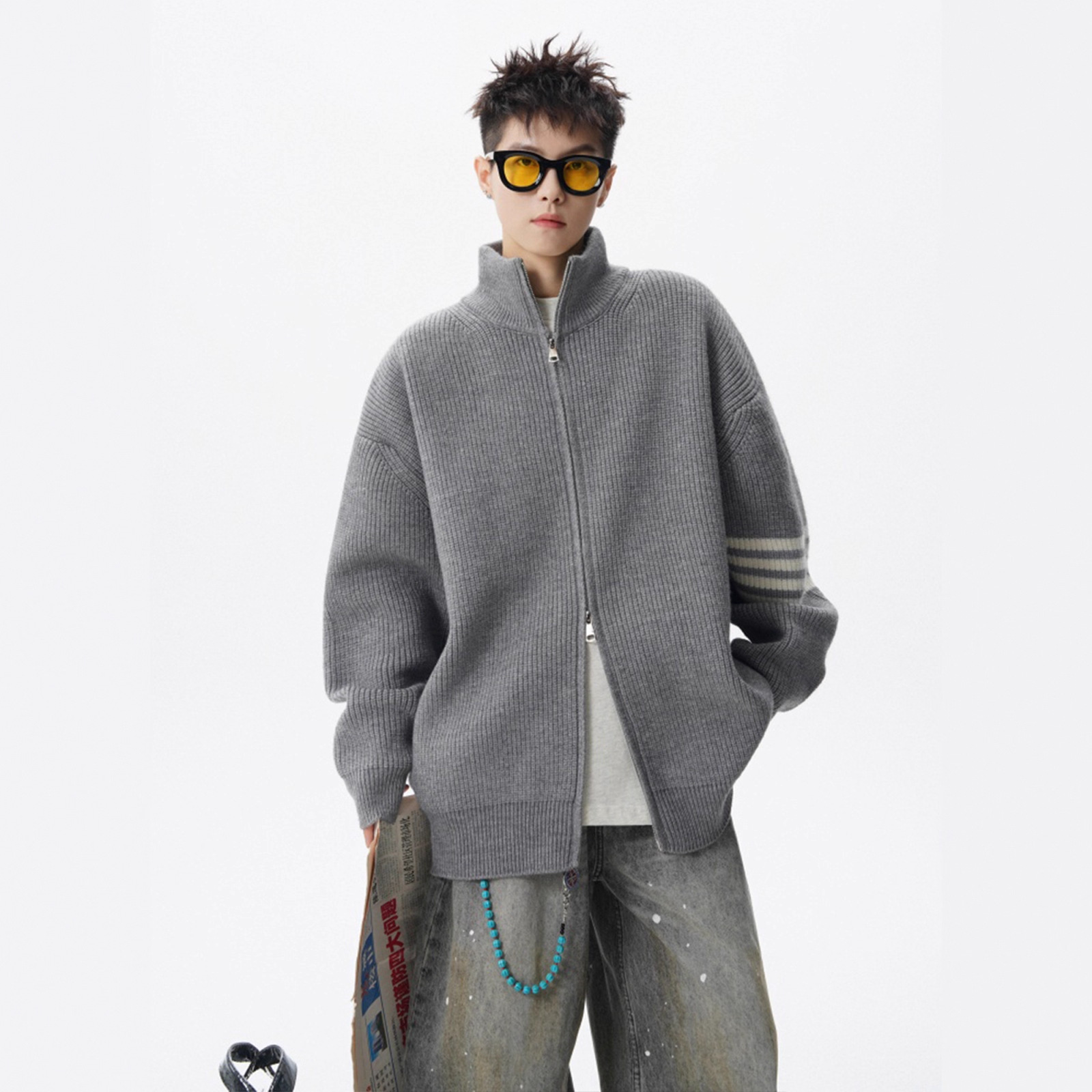 Style Stand Collar Open Front Knit Sweater Men's Winter Fashion Trendy Stripe Knitted Cardigan High Street Casual Loose Fit Couple Outerwear - Image 6