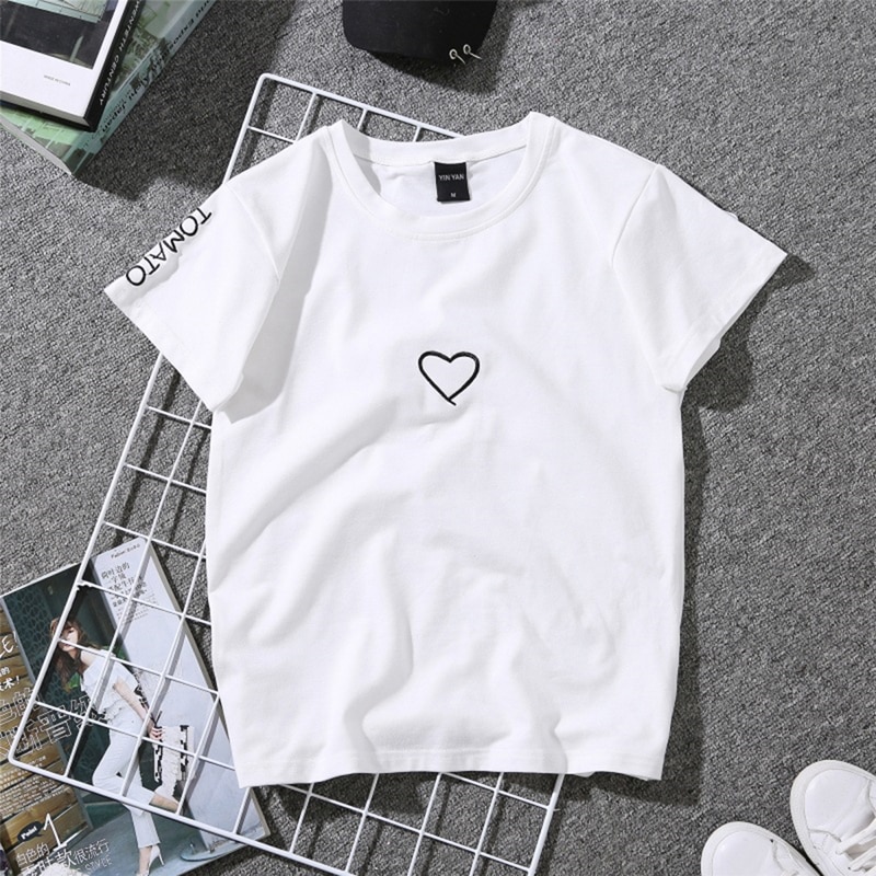 Summer Couples Lovers T-Shirt For Women Casual White Tops Tshirt Women T Shirt Love Heart Embroidery Print T-Shirt Female - Image 2
