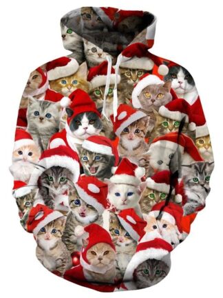 Christmas Hoodies Women Men 3D Cat With Santa Hat Sweatshirts