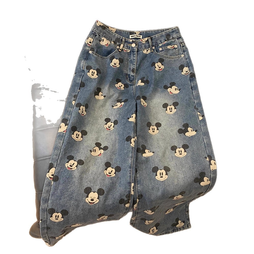 Cute Youthful Vintage Mickey Print High-Waisted Jeans for Men and Women, Loose Straight-Leg Casual Wide-Leg Pants - Image 6