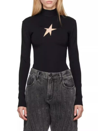 Hollow out pentagram base slim fit top for women with a high-end feel, autumn new style, niche design, casual top