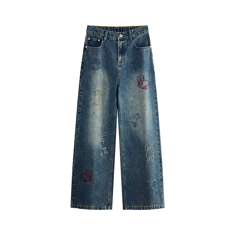 Dog Embroidered Wide Leg Jeans - Image 2