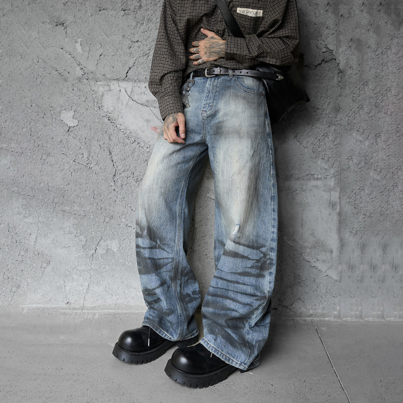 Street Style Vintage Distressed Washed Knife-Edge Denim Pants, Hip-Hop Casual Loose Ripped Straight Leg Jeans - Image 2