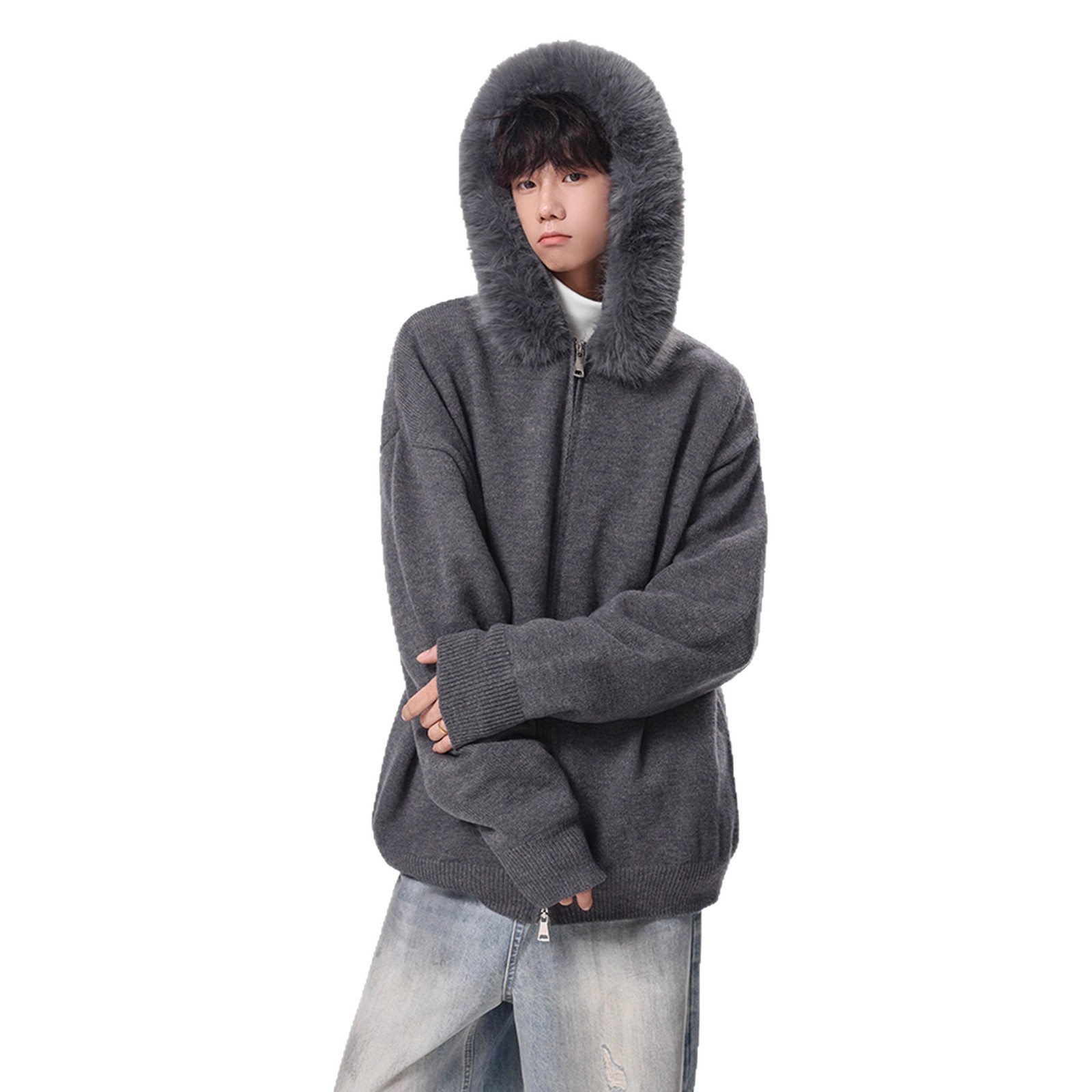 Fashionable Detachable Fur Collar Knit Sweater for Men Winter Double Zipper Open Front Sweater High Street Versatile Couple Jacket - Image 5