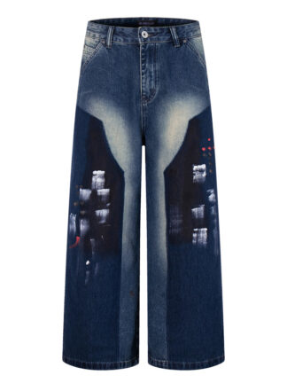 Hip-hop Style Dyed Graffiti Denim Pants for Men and Women, High Street Fashion, Straight Leg, Loose Fit, Casual Long Pants