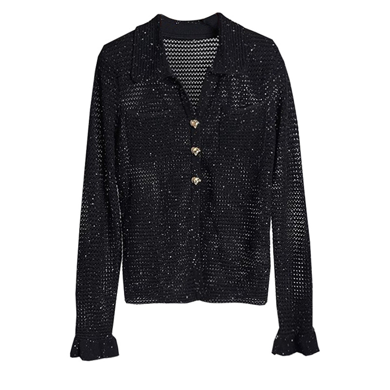 Women's sequin knitted sweater with a turned-down collar ruffled sleeves long sleeves - Image 2