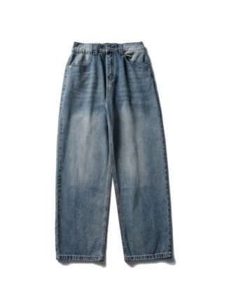 Distressed Relaxed Straight Leg Slightly Wide Washed Raw Edge Denim Pants