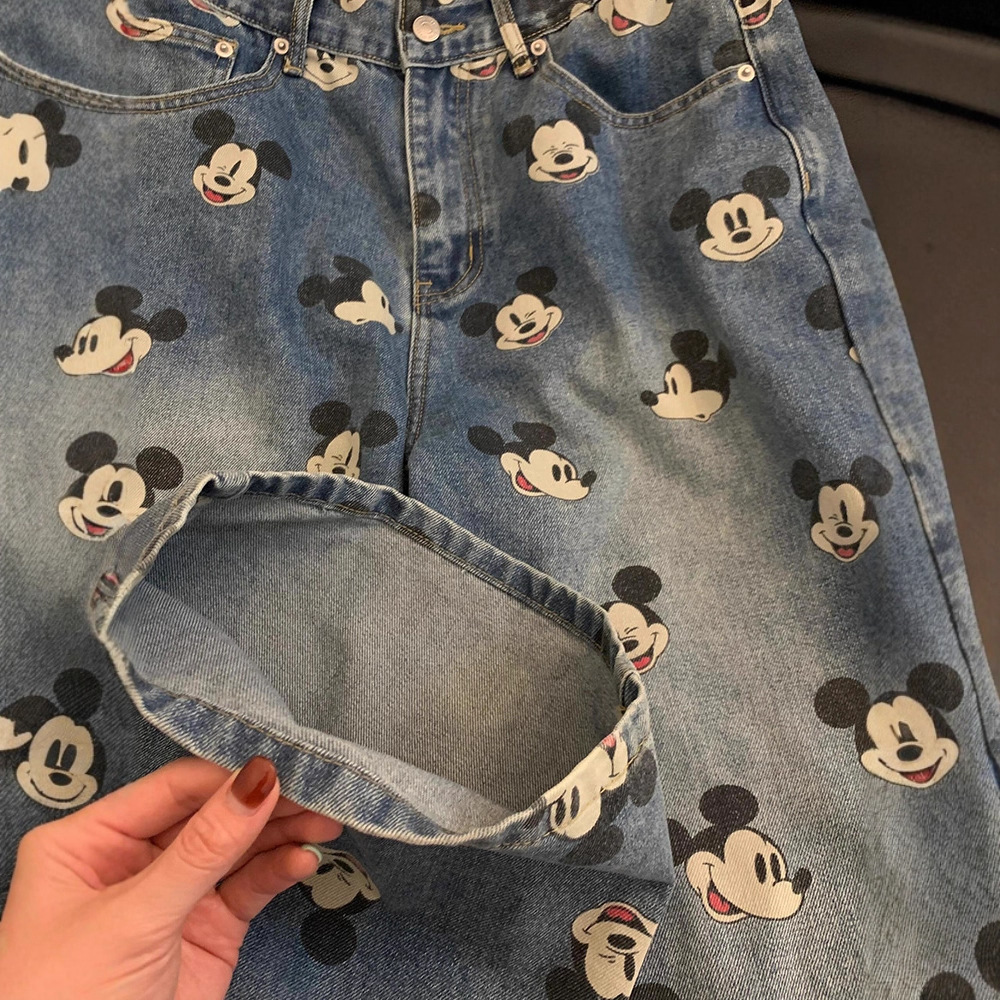 Cute Youthful Vintage Mickey Print High-Waisted Jeans for Men and Women, Loose Straight-Leg Casual Wide-Leg Pants - Image 5