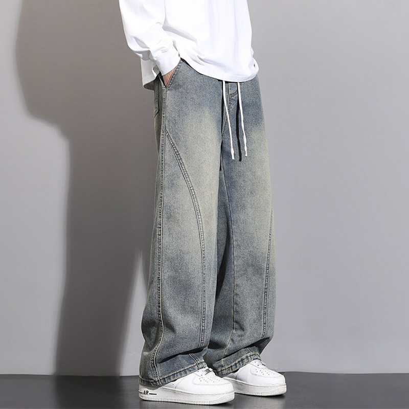 Jeans Men Autumn Winter Loose Straight Leg Pants Vintage Wide Leg Pants Men Youth Asymmetric Deconstruction Trousers - Image 5
