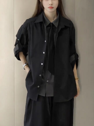 Faux Two-Piece Black Shirt Jacket Unisex Autumn New Style Unique High-End Shirt with Tie Suit Top