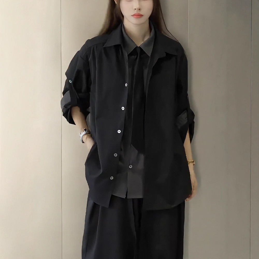 Faux Two-Piece Black Shirt Jacket Unisex Autumn New Style Unique High-End Shirt with Tie Suit Top