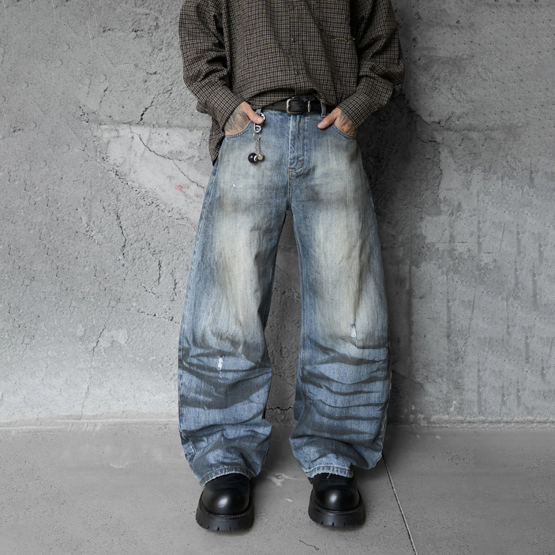Street Style Vintage Distressed Washed Knife-Edge Denim Pants, Hip-Hop Casual Loose Ripped Straight Leg Jeans - Image 5