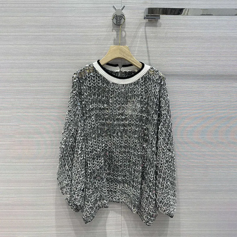 Spring Summer Heavy Fish Scale Sequins Hollow Round Neck Long Sleeve Women's t-shirt Simple Casual top for women - Image 5