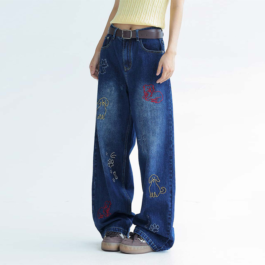 Dog Embroidered Wide Leg Jeans - Image 5