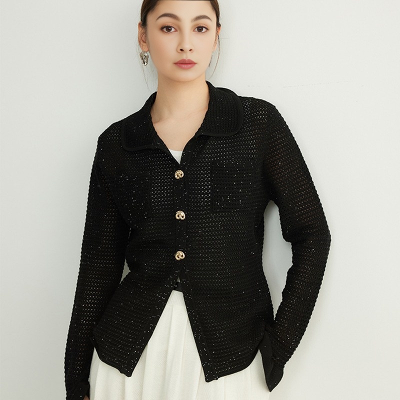 Women's sequin knitted sweater with a turned-down collar ruffled sleeves long sleeves