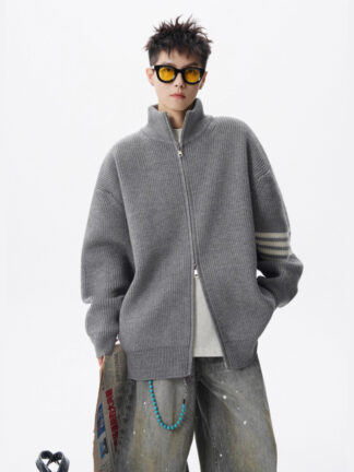 Style Stand Collar Open Front Knit Sweater Men's Winter Fashion Trendy Stripe Knitted Cardigan High Street Casual Loose Fit Couple Outerwear