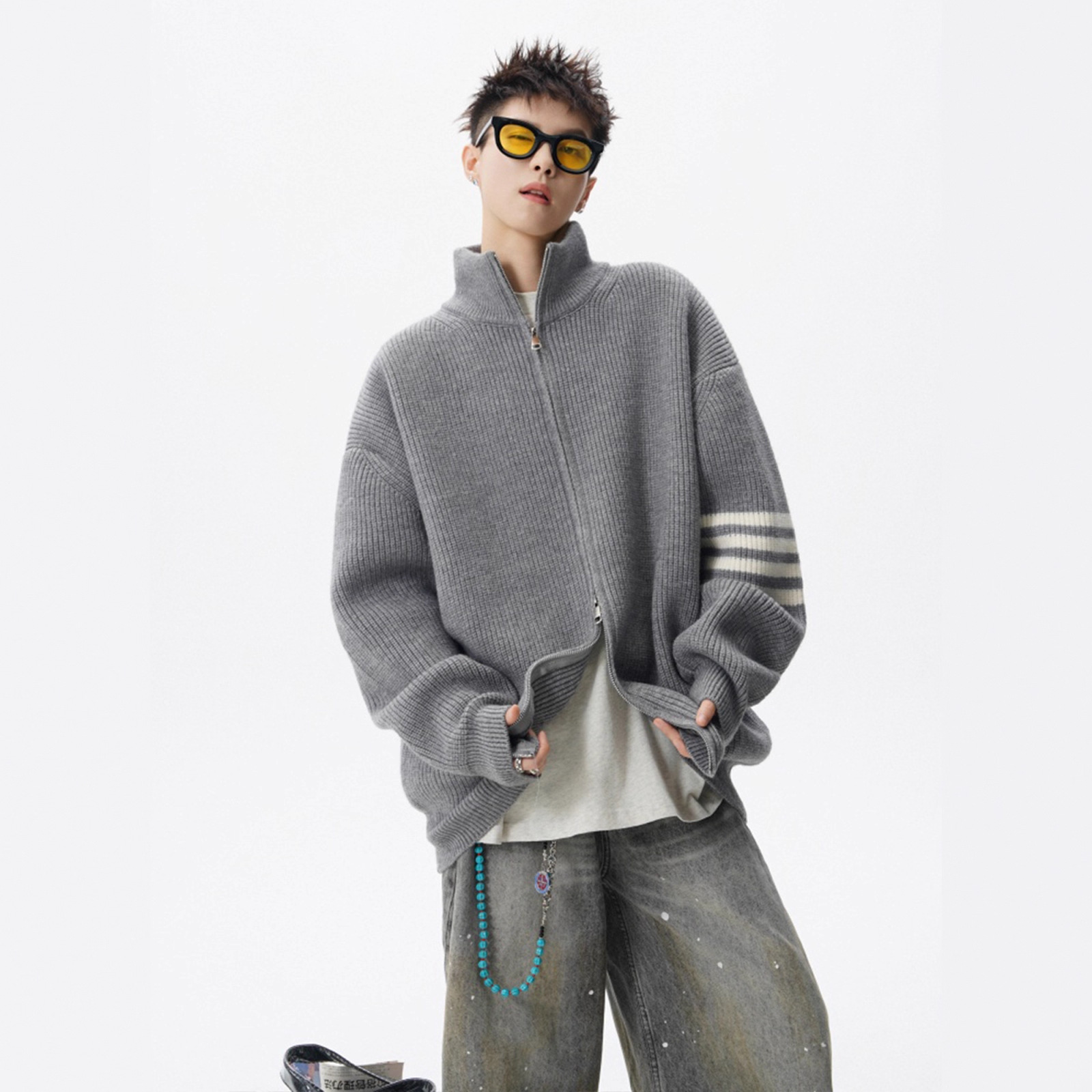 Style Stand Collar Open Front Knit Sweater Men's Winter Fashion Trendy Stripe Knitted Cardigan High Street Casual Loose Fit Couple Outerwear - Image 4