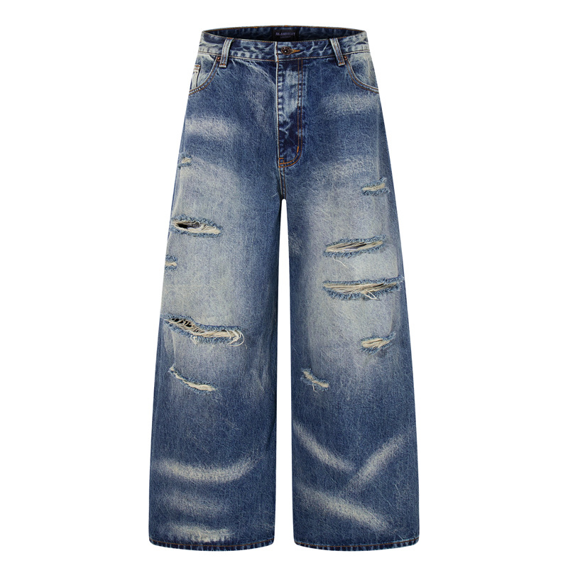 Vintage Personality Design Ripped Streetwear Loose Fit Jeans Men Hip Hop Distressed Wide Leg Long Pants - Image 5