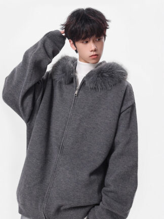 Fashionable Detachable Fur Collar Knit Sweater for Men Winter  Double Zipper Open Front Sweater High Street Versatile Couple Jacket