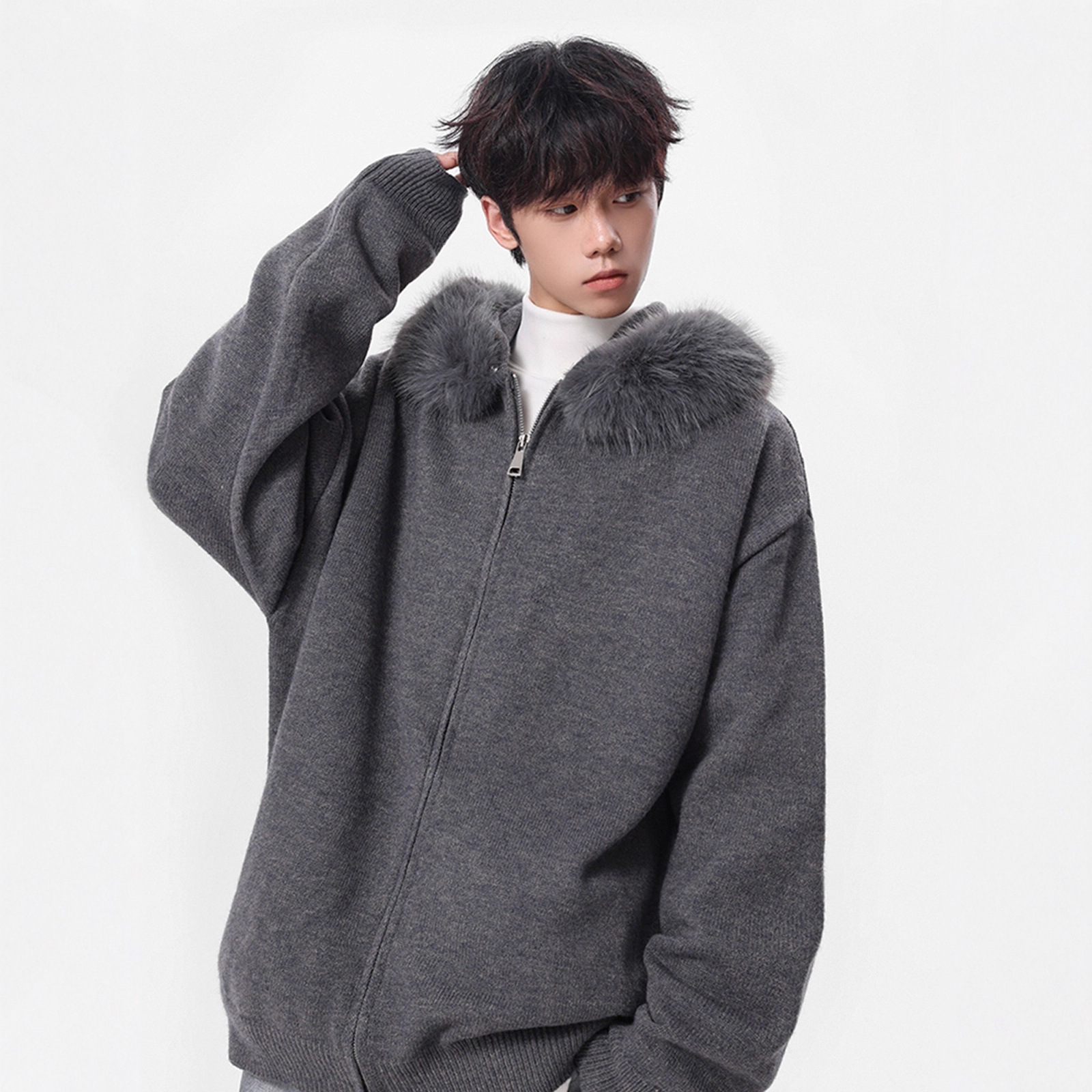 Fashionable Detachable Fur Collar Knit Sweater for Men Winter Double Zipper Open Front Sweater High Street Versatile Couple Jacket