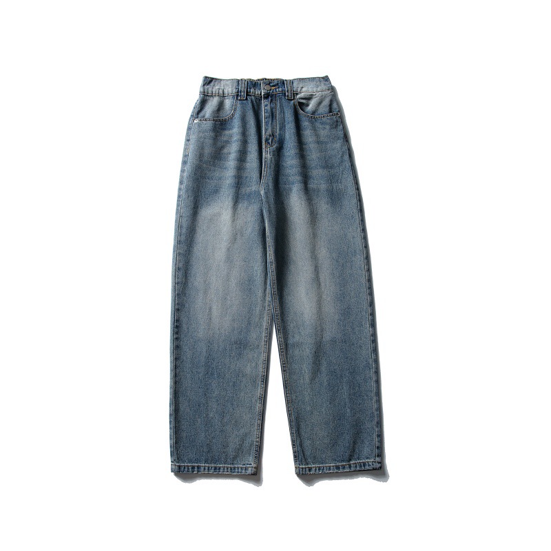 Distressed Relaxed Straight Leg Slightly Wide Washed Raw Edge Denim Pants - Image 6