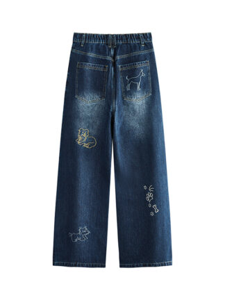 Dog Embroidered Wide Leg Jeans