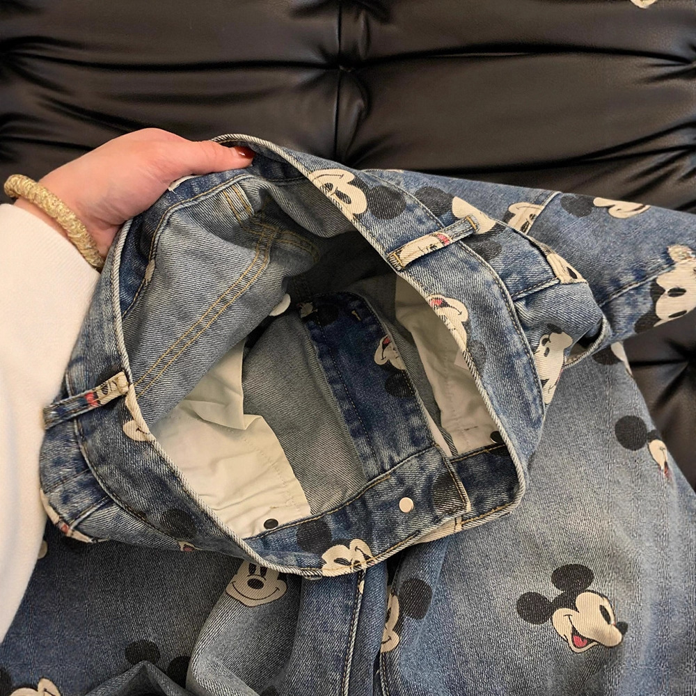 Cute Youthful Vintage Mickey Print High-Waisted Jeans for Men and Women, Loose Straight-Leg Casual Wide-Leg Pants - Image 4