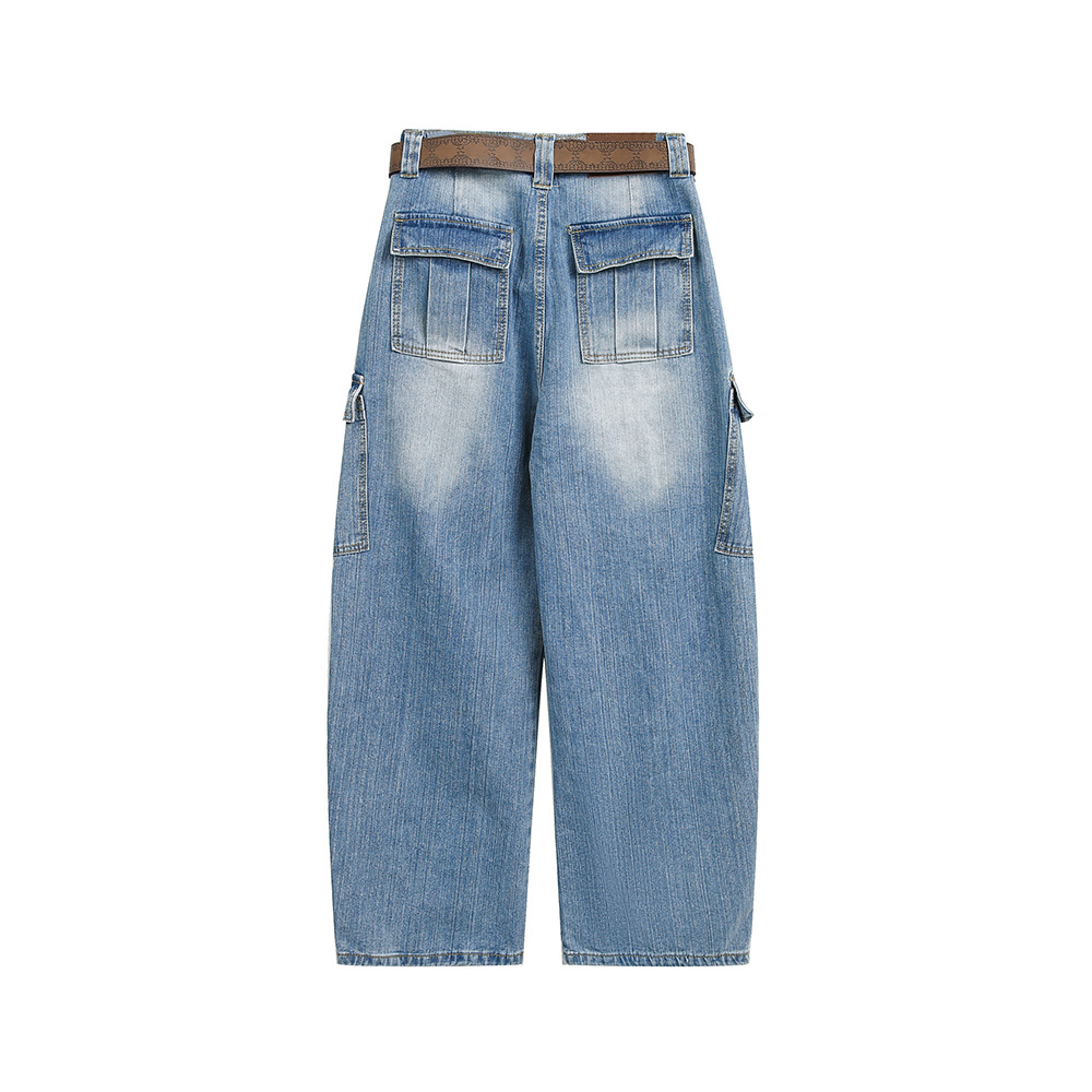 Multi-Pocket Loose Straight Leg Wide Leg Washed Cargo Denim Pants - Image 2