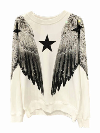 Autumn and winter luxury fashion hoodie for men and women, heavy-duty hot stamping, full diamond, large wings, wings, round neck pullover, couple style