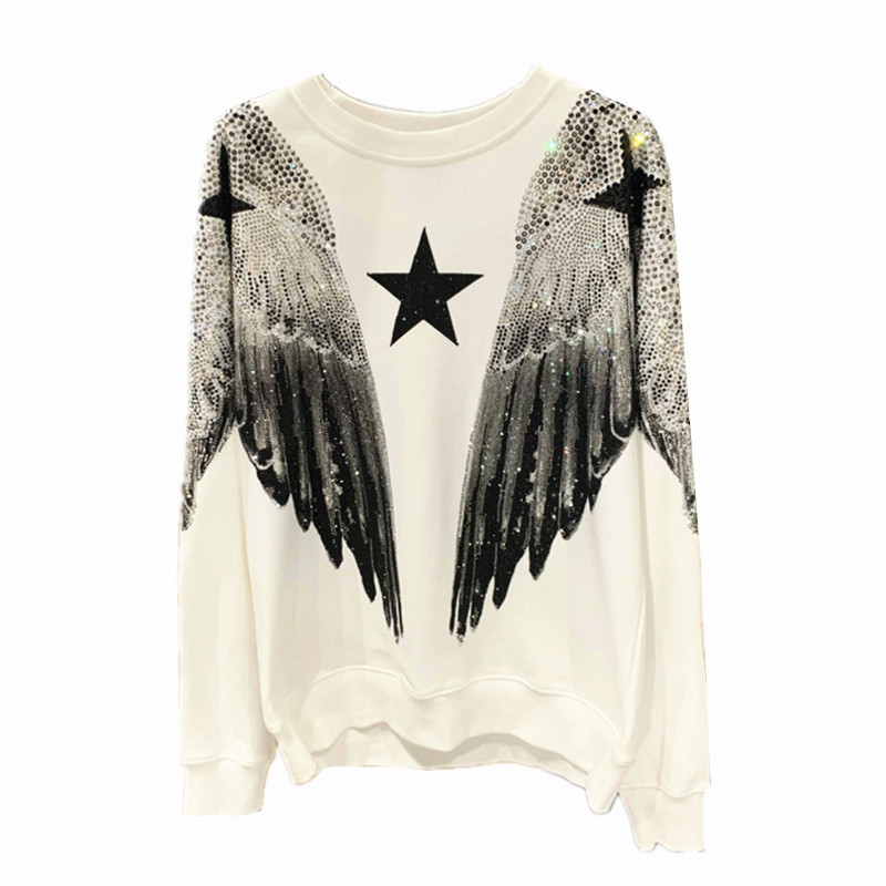 Autumn and winter luxury fashion hoodie for men and women, heavy-duty hot stamping, full diamond, large wings, wings, round neck pullover, couple style