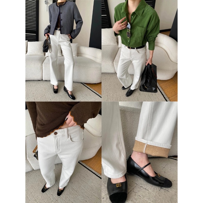 High Waist Slim Straight Leg Fitted Fleece-Lined Jeans for Women - Minimalist Blogger Style Long Leg Look - Image 2