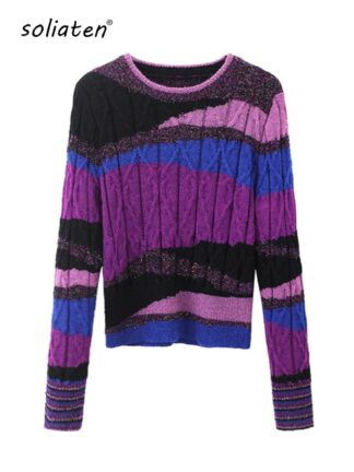 Women's High Quality Crew Neck Knitted Sweater Luxury Brand Contrast Color Gold Thread Pullover