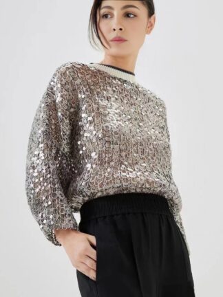 Spring Summer Heavy Fish Scale Sequins Hollow Round Neck Long Sleeve Women's t-shirt  Simple Casual top for women