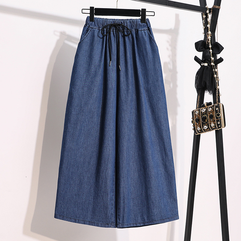 Fashionable And Comfortable Large Size Women's Lace-Up Ultra-Thin Fabric Elastic Waist Casual Denim Cropped Pants - Image 3
