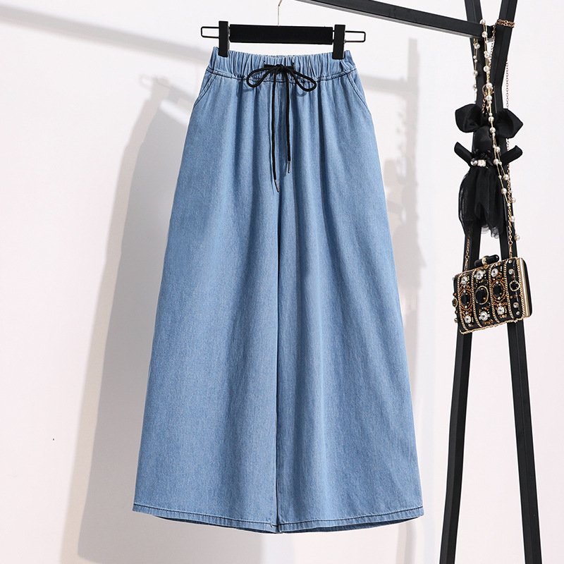 Fashionable And Comfortable Large Size Women's Lace-Up Ultra-Thin Fabric Elastic Waist Casual Denim Cropped Pants - Image 2
