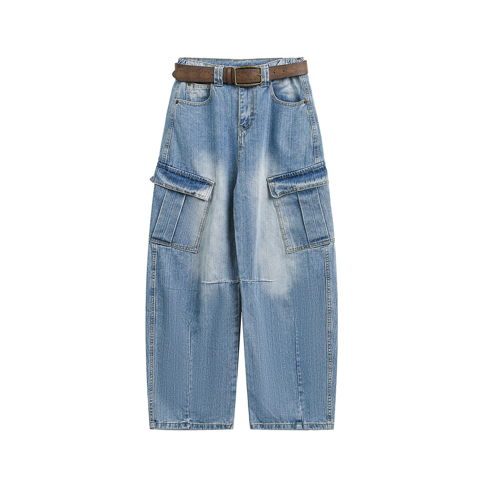 Multi-Pocket Loose Straight Leg Wide Leg Washed Cargo Denim Pants - Image 6