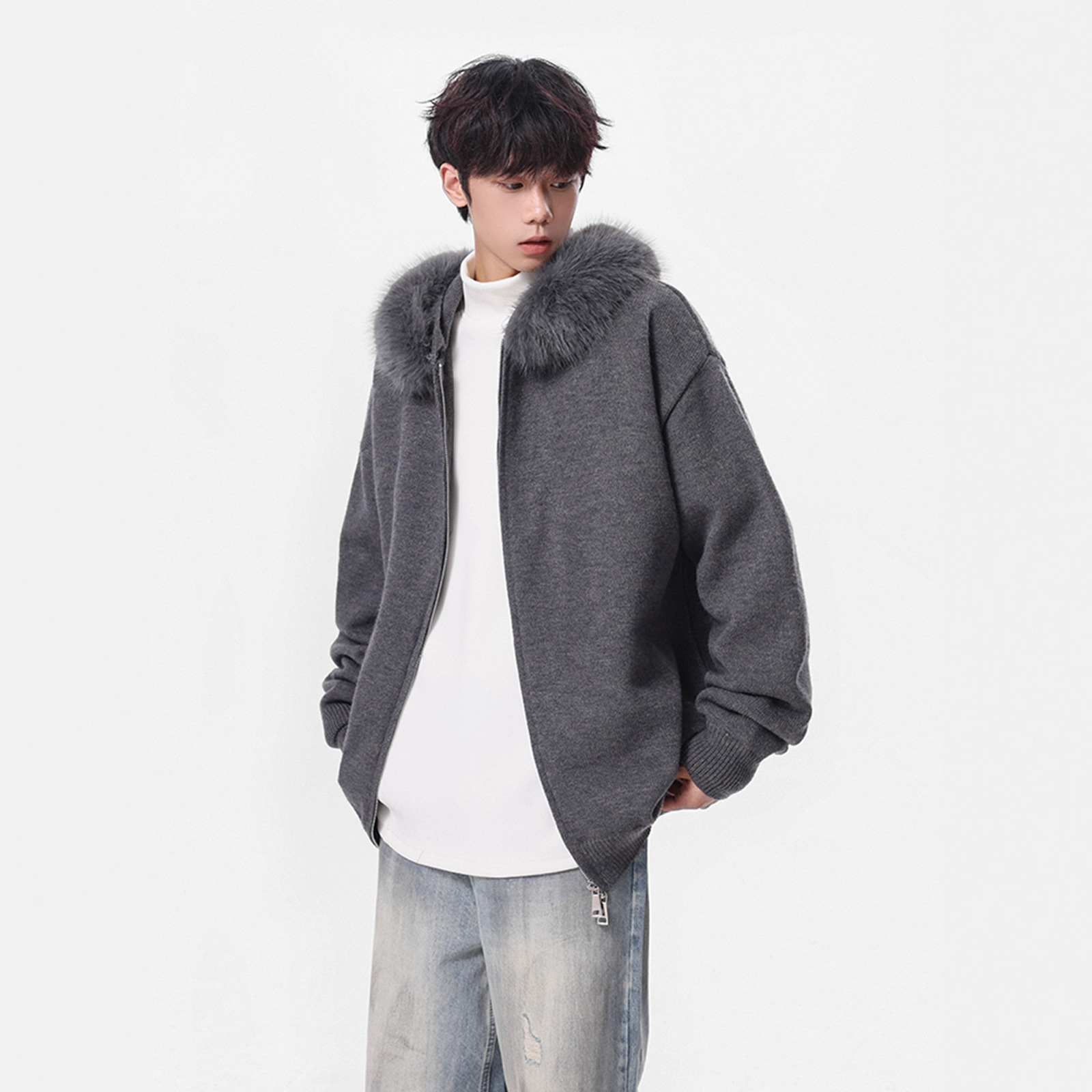 Fashionable Detachable Fur Collar Knit Sweater for Men Winter Double Zipper Open Front Sweater High Street Versatile Couple Jacket - Image 2