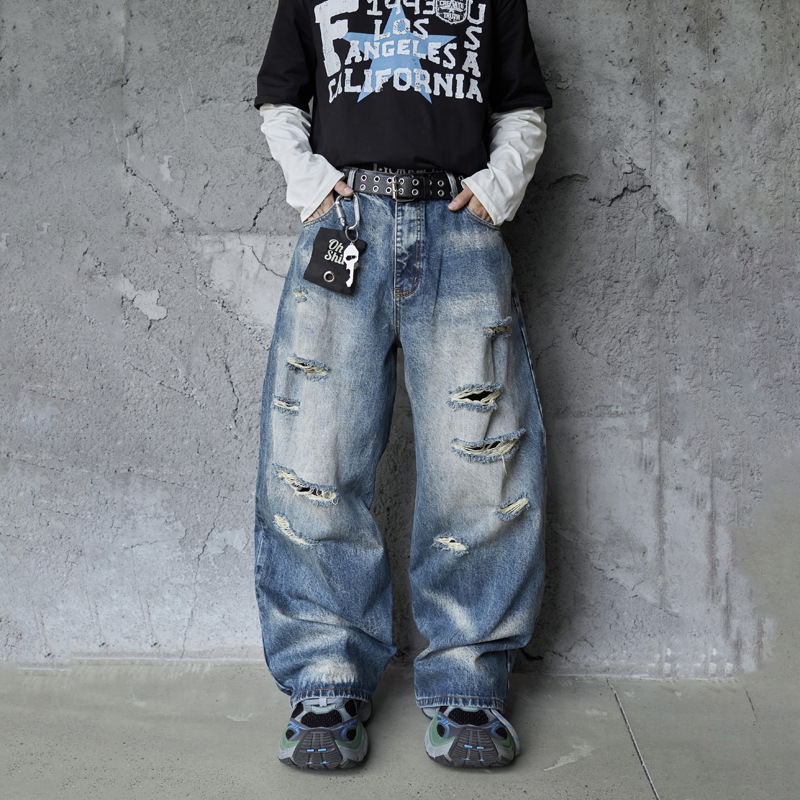 Vintage Personality Design Ripped Streetwear Loose Fit Jeans Men Hip Hop Distressed Wide Leg Long Pants - Image 4