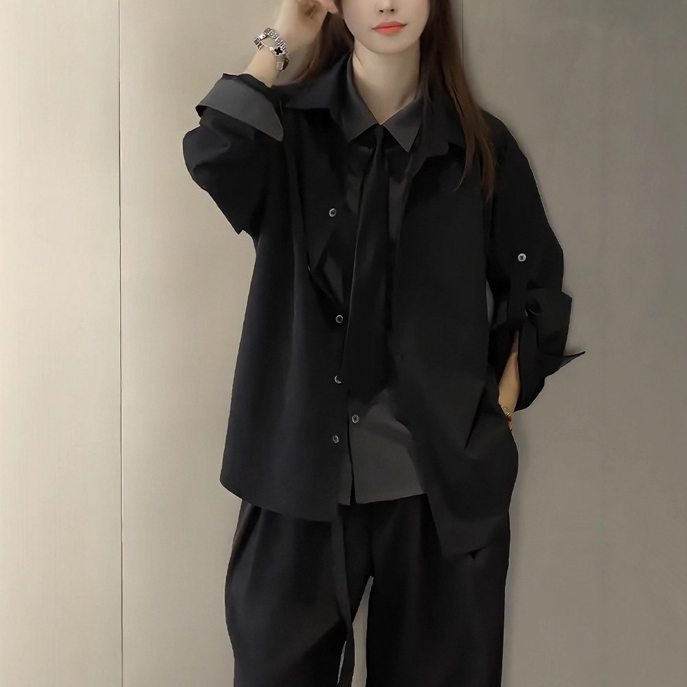 Faux Two-Piece Black Shirt Jacket Unisex Autumn New Style Unique High-End Shirt with Tie Suit Top - Image 3