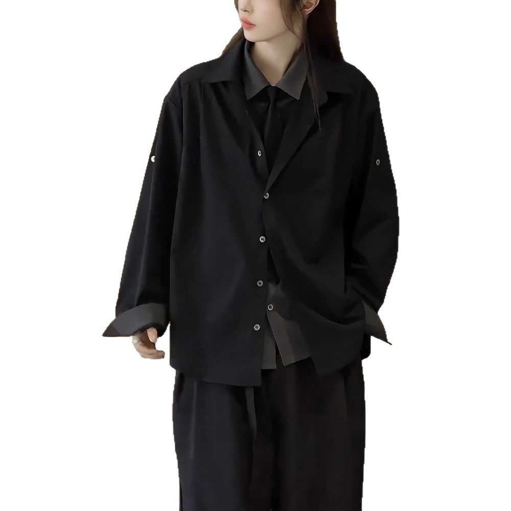 Faux Two-Piece Black Shirt Jacket Unisex Autumn New Style Unique High-End Shirt with Tie Suit Top - Image 4