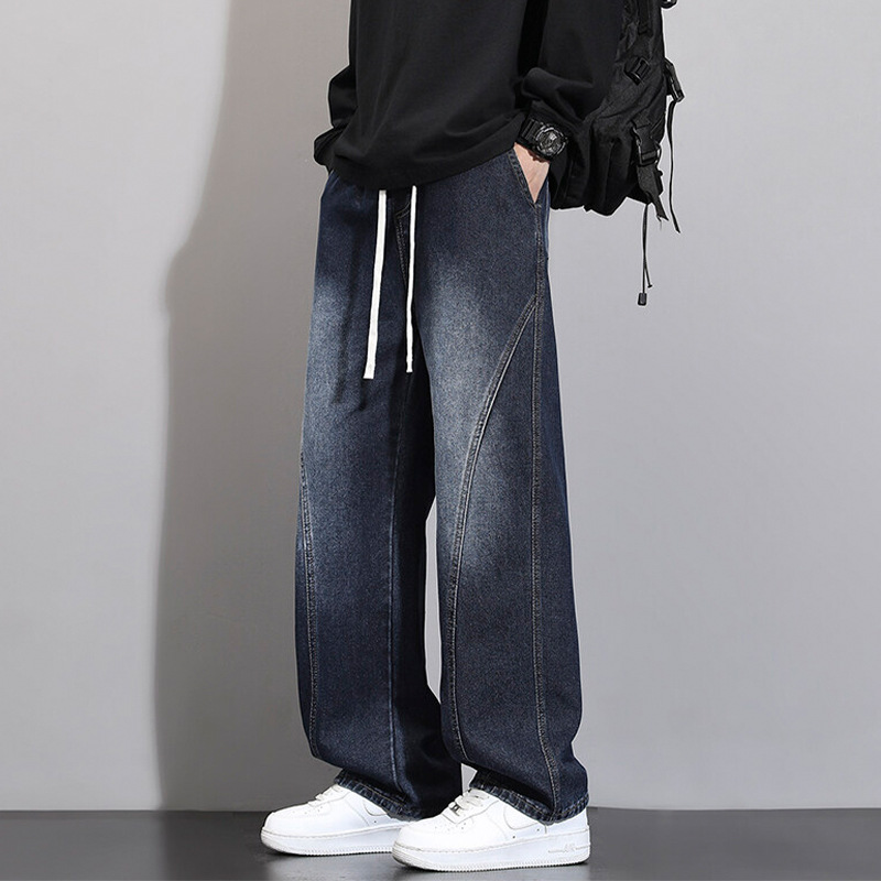 Jeans Men Autumn Winter Loose Straight Leg Pants Vintage Wide Leg Pants Men Youth Asymmetric Deconstruction Trousers - Image 3