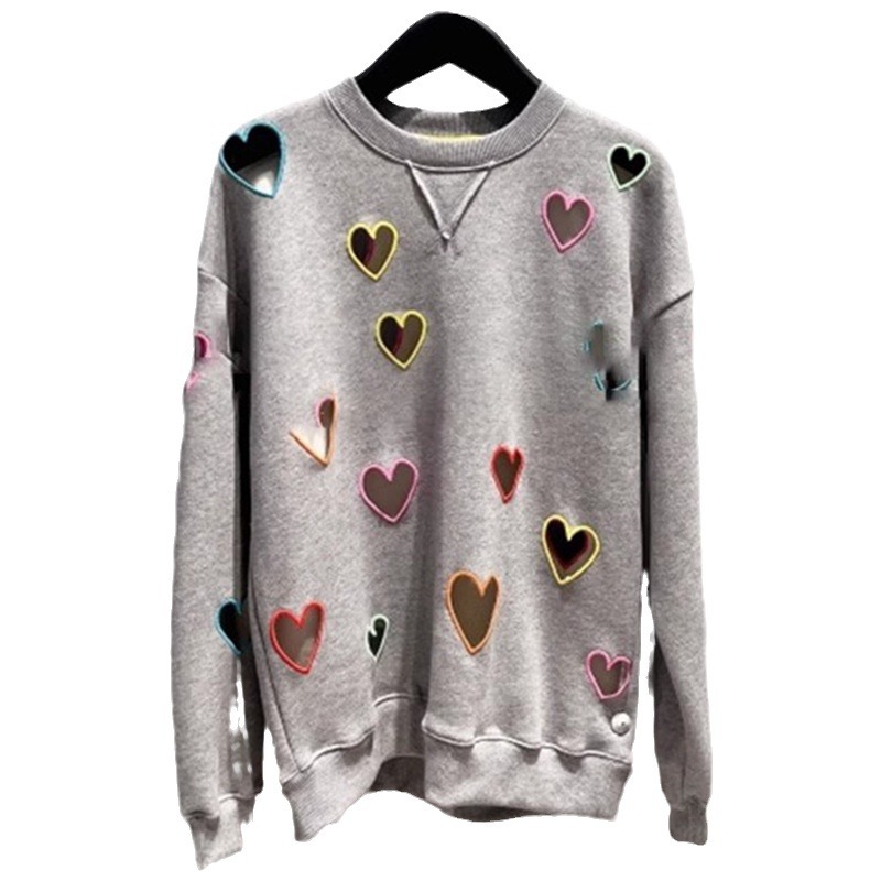 Small niche autumn and winter new grey round neck hollow out heart embroidered long sleeved hoodie for women - Image 5