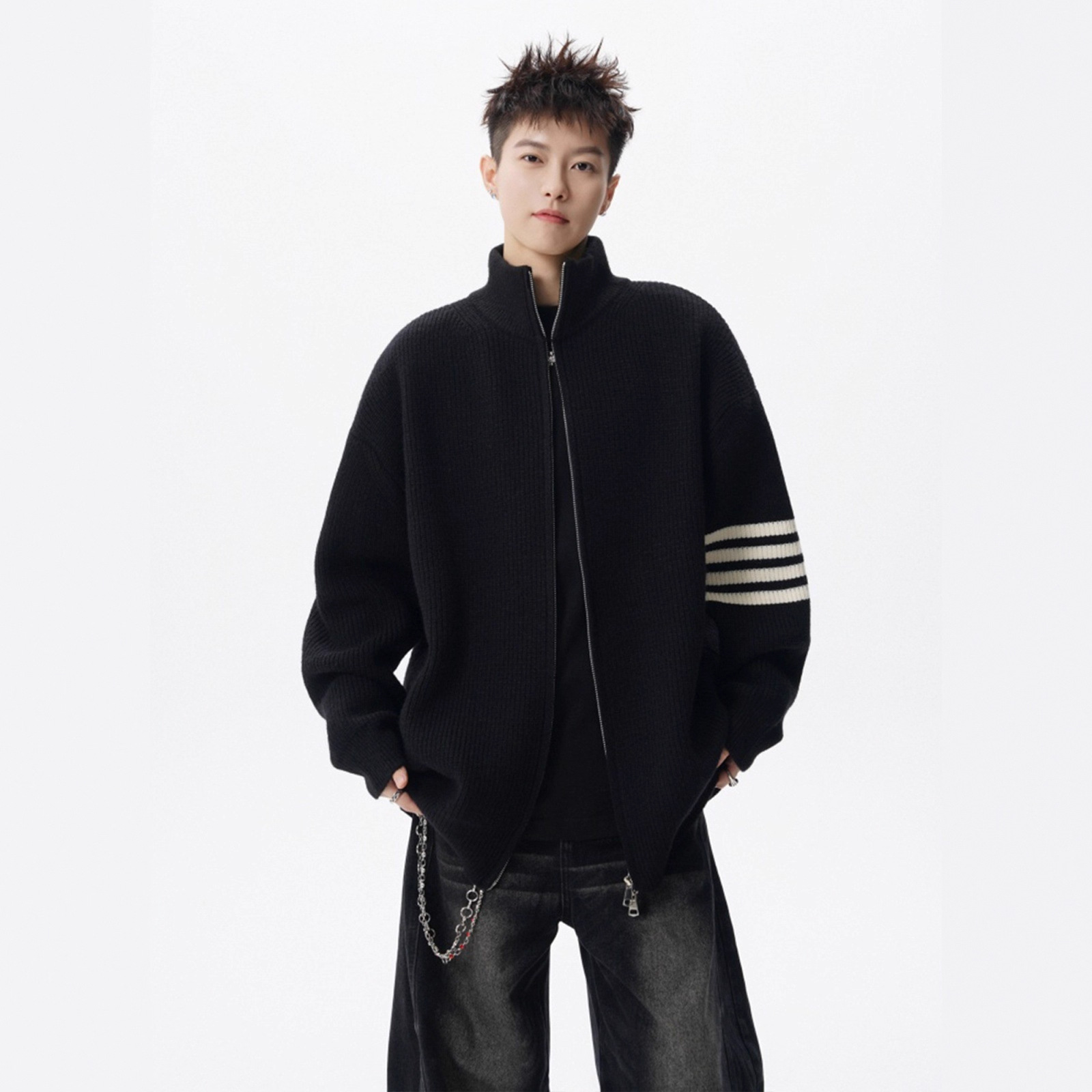 Style Stand Collar Open Front Knit Sweater Men's Winter Fashion Trendy Stripe Knitted Cardigan High Street Casual Loose Fit Couple Outerwear - Image 2