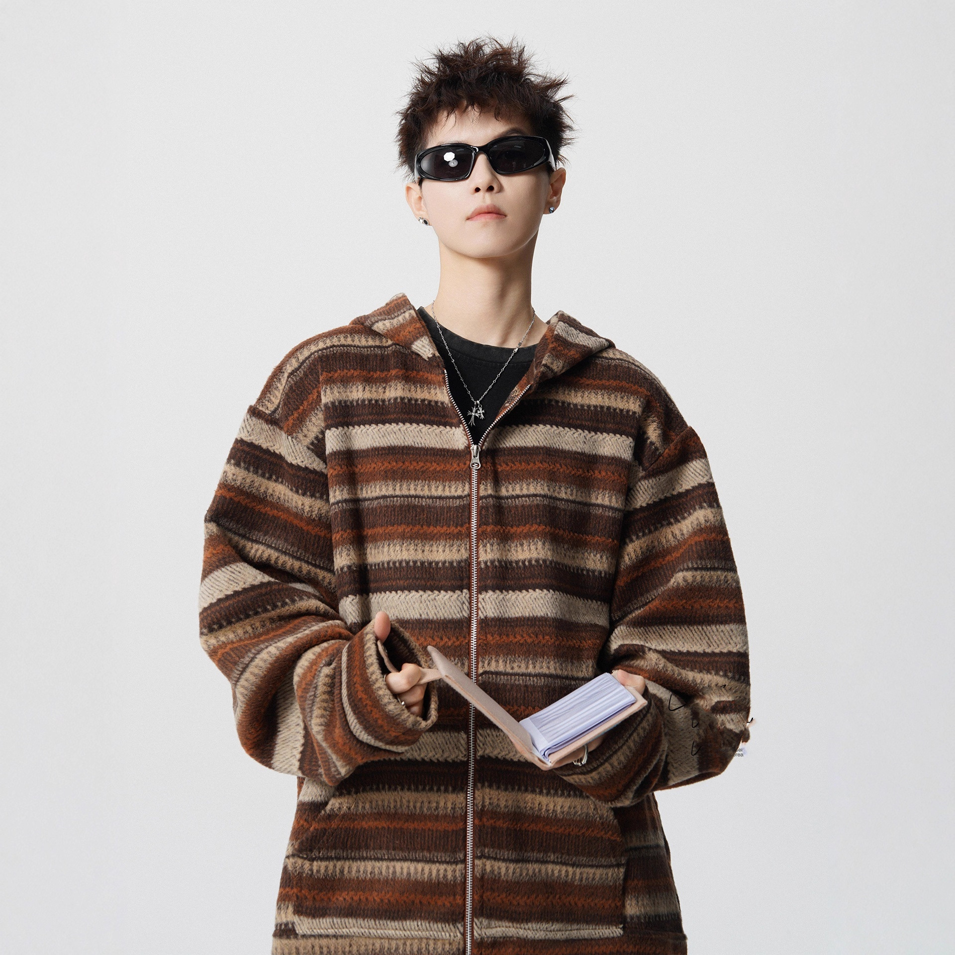 Brown Vintage Stripe Spliced Hoodie Unisex Autumn Winter Fashion Brand Loose Casual Couple Long Sleeve Outerwear - Image 3