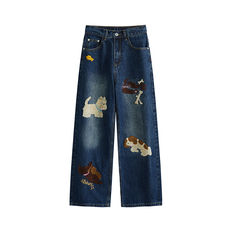 Puppy patchwork embroidered washed denim jeans - Image 2