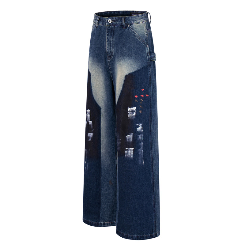 Hip-hop Style Dyed Graffiti Denim Pants for Men and Women, High Street Fashion, Straight Leg, Loose Fit, Casual Long Pants - Image 4