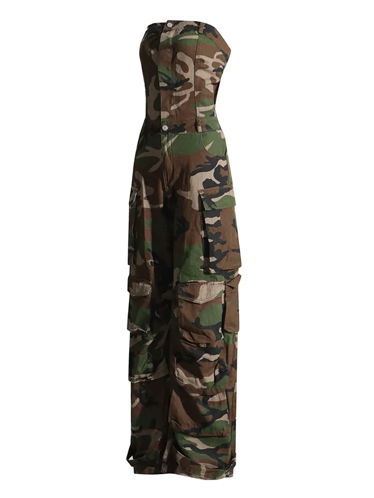 Camouflage Cargo Jumpsuits For Women Starpless Sleeveless High Waist Spliced Pockets Streetwear Jumpsuit Female New - Image 2